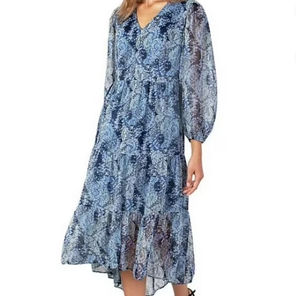 Joie Limited Edition Parisian Paisley Blue Chiffon Tiered Long Sleeve Midi Dress
